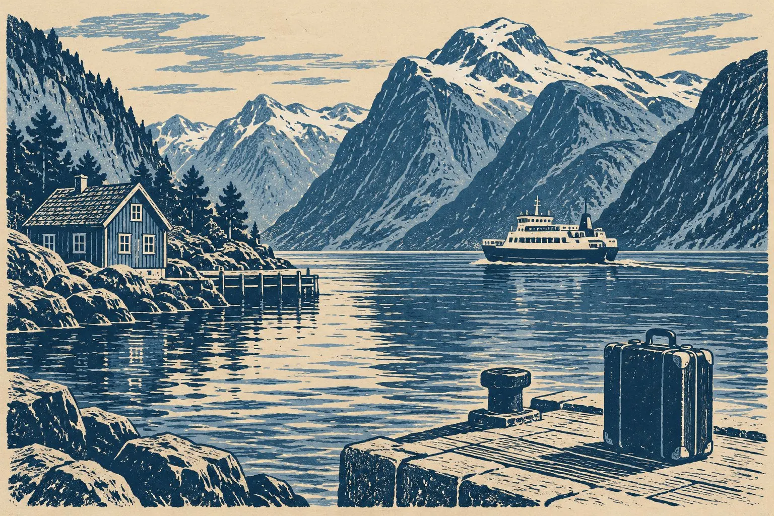 Trykk av en norsk fjordkyst med et trehus, en ferge og en koffert på kaia